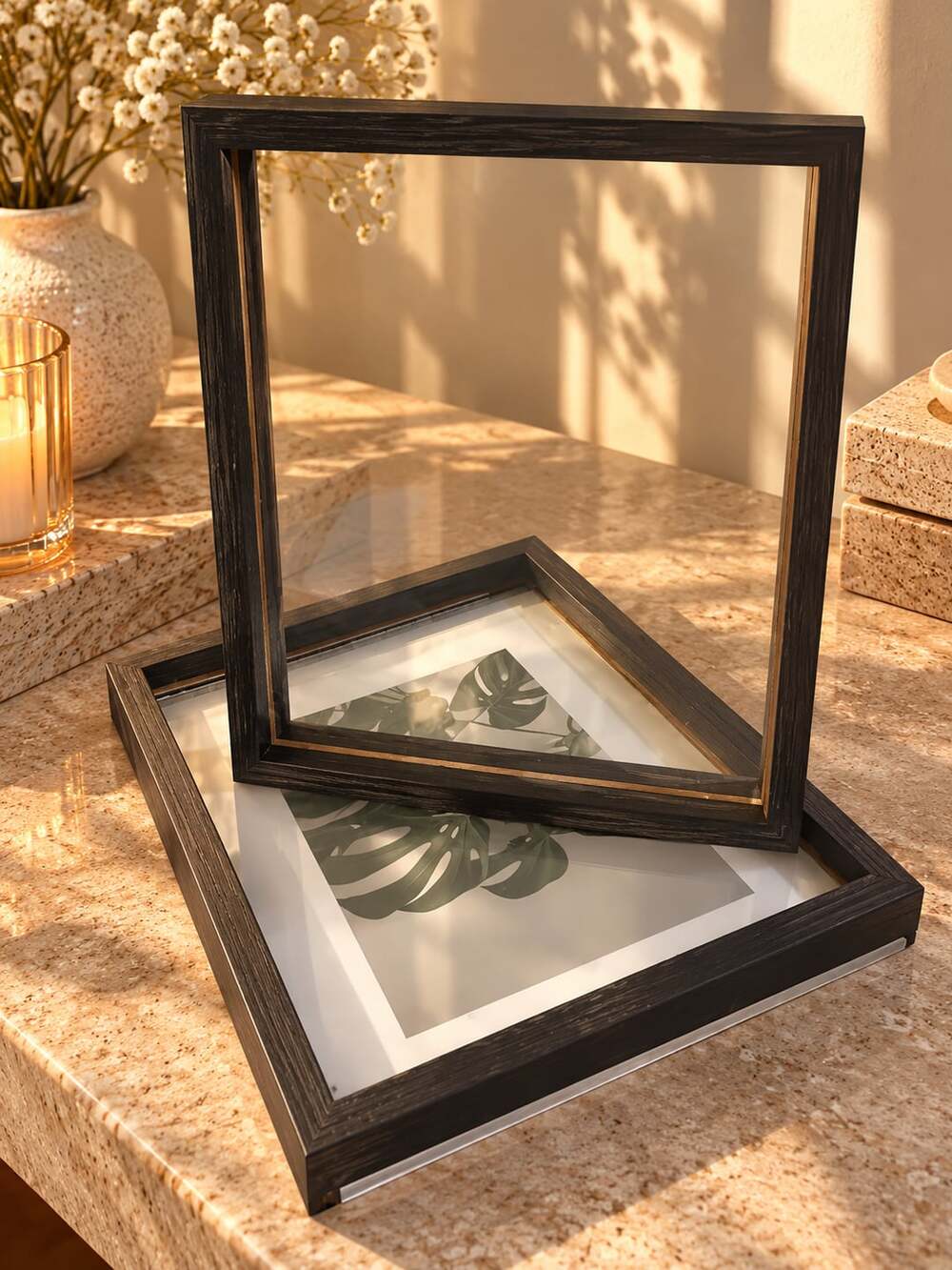 2 Double Sided Transparent Floating Wood Picture Frame Black